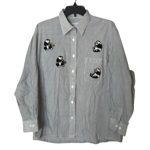 Get Lucky Button Down Women's Panda Embroidered Striped Shirt Large
